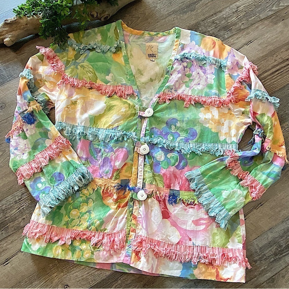 PAULA SWEET Bold Pastel 3-Button Unlined  ButtonUp Fringe Detail Cardigan/Jacket